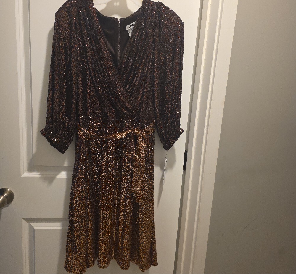 DKNY Two-Tone Bronze Sequin Wrap Midi Dress - Picture 5 of 16